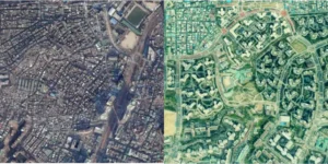 재개발 사업으로 인해 변화된 마포구 아현동을 위성사진으로 비교 (좌: 2008년, 우: 2024년)