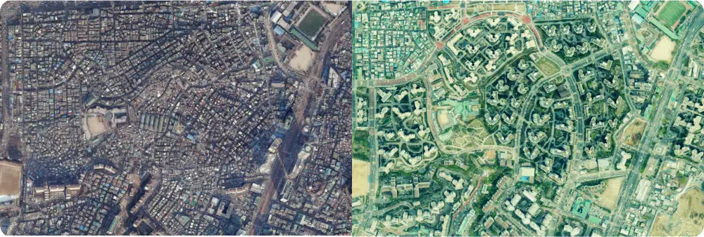 재개발 사업으로 인해 변화된 마포구 아현동을 위성사진으로 비교 (좌: 2008년, 우: 2024년)