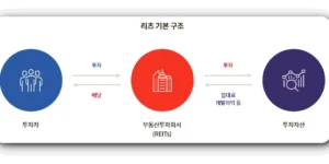 소액 부동산 투자 방법 중의 하나인 부동산 리츠에 대한 기본 구조로 투자자는 부동산투자회사에 투자를 하고 배당을 받으며, 부동산투자회사는 투자자산에 투자를 하고 임대료와 개발이익 등을 받을 수 있음
