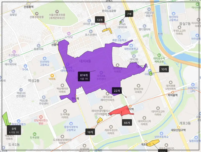 부동산 입지 분석 중 학원가를 알아보기 위해 호갱노노 지도에서 확인한 대치동에 874개의 학원이 있는 지역의 표시