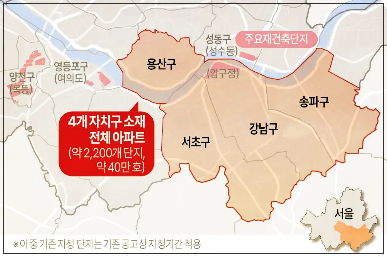 2025년3월24자로 새로 확대 지정된 서울시의 토지거래허가구역에 대한 위치와 설명 (4개 자치구 소재 전체 아파트 약 2,200개 단지, 약 40만 호)