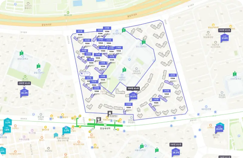 부동산 정보 플랫폼 중 하나인 호갱노노를 사용하여 잠실 리센츠 아파트 단지의 109A 타입에 대한 위치를 보여주는 그림