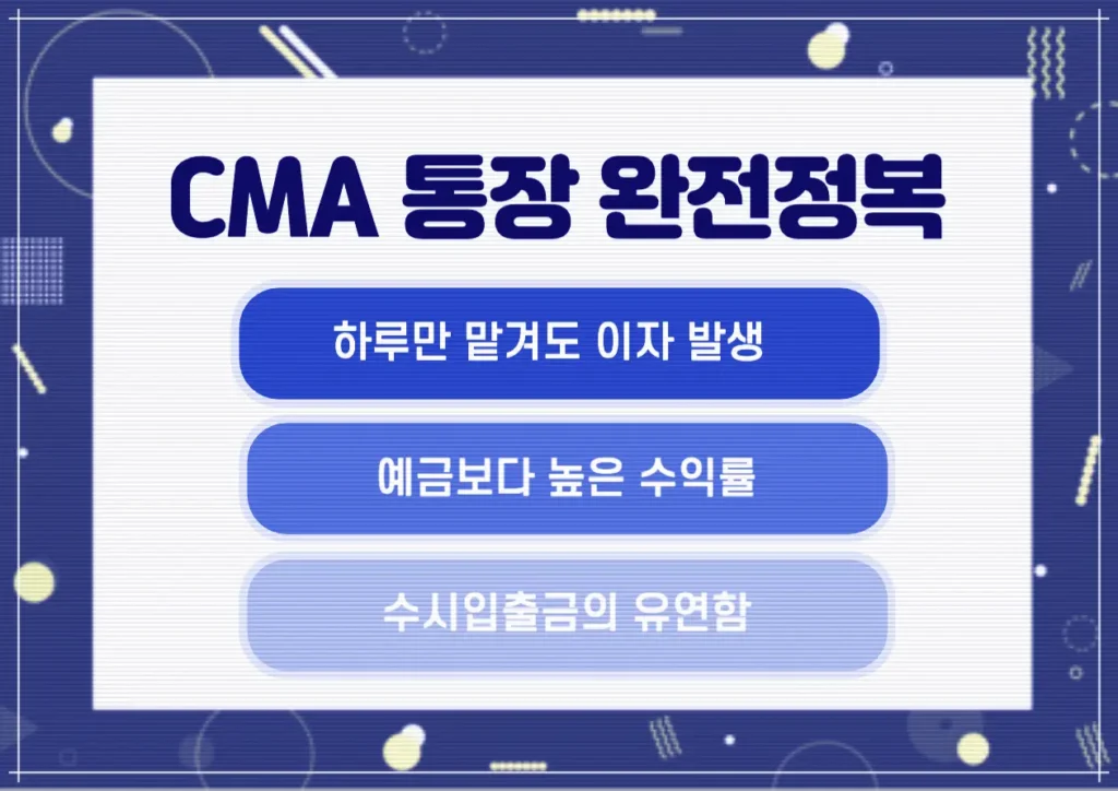 CMA 통장의 주요 특징인 하루 이자, 높은 수익률, 자유로운 입출금
