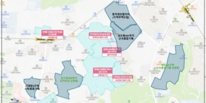 상도동 재개발 구역인 신속통합기획, 모아타운, 지역주택조합의 구역계가 표시된 지도