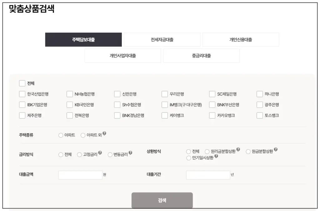 주택담보대출 이자 비교를 위한 전국은행연합회 소비자포럼 홈페이지 화면