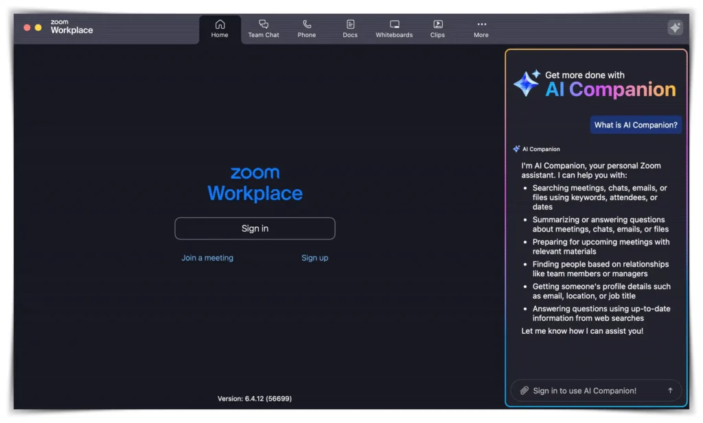 온라인 회의 툴 추천으로 가장 많이 언급되는  Zoom Workplace 설치 후의 초기 화면