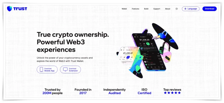 가상화폐 지갑 종류 중애서 핫웰렛의 대표라 할 수 있는 Trust Wallet 홈페이지 메인 화면