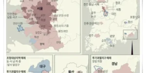 2022년 7월 기준 전국의 조정대상지역 현황을 지도 위에 표기 (조정대상지역 101곳)