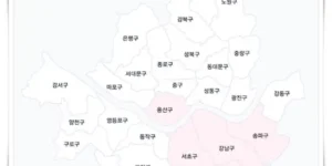 2025년 10월 13일 기준 서울시에서 투기과열지구 지정된 지역의 지도 위 표시 (용산구, 서초구, 강남구, 송파구)