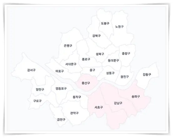 2025년 10월 13일 기준 서울시에서 투기과열지구 지정된 지역의 지도 위 표시 (용산구, 서초구, 강남구, 송파구)