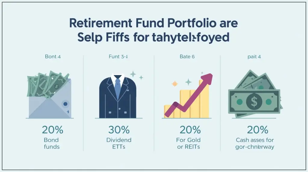 자영업자를 위한 은퇴자금 마련을 위한 채권형 펀드 30%, 배당주 ETF 30%, 금 또는 리츠 20%, 현금성 자산 20%로 나뉘어진 포트폴리오 형태