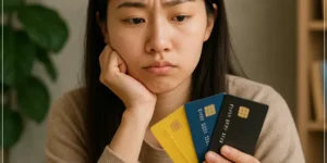 사회초년생 신용카드 재테크를 위해 여러 종류의 신용카드 중에서 어떤 것을 선택할 지 고민하고 있는 20대 사회초년성 여성