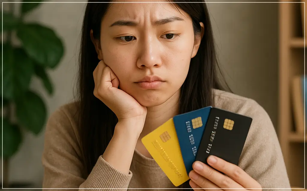 사회초년생 신용카드 재테크를 위해 여러 종류의 신용카드 중에서 어떤 것을 선택할 지 고민하고 있는 20대 사회초년성 여성