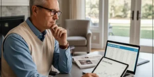 은퇴 후 안정적인 수익을 위한 투자를 위해 배당주와 월지급식 펀드를 찾아보고 있는 50대 후반의 예비 은퇴자