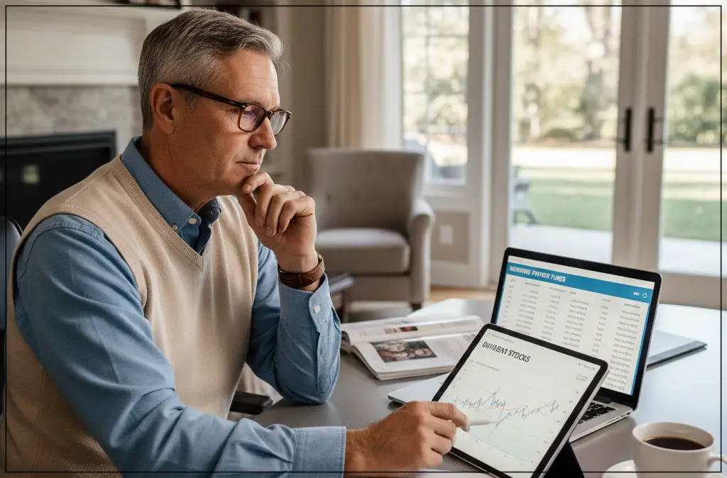 은퇴 후 안정적인 수익을 위한 투자를 위해 배당주와 월지급식 펀드를 찾아보고 있는 50대 후반의 예비 은퇴자